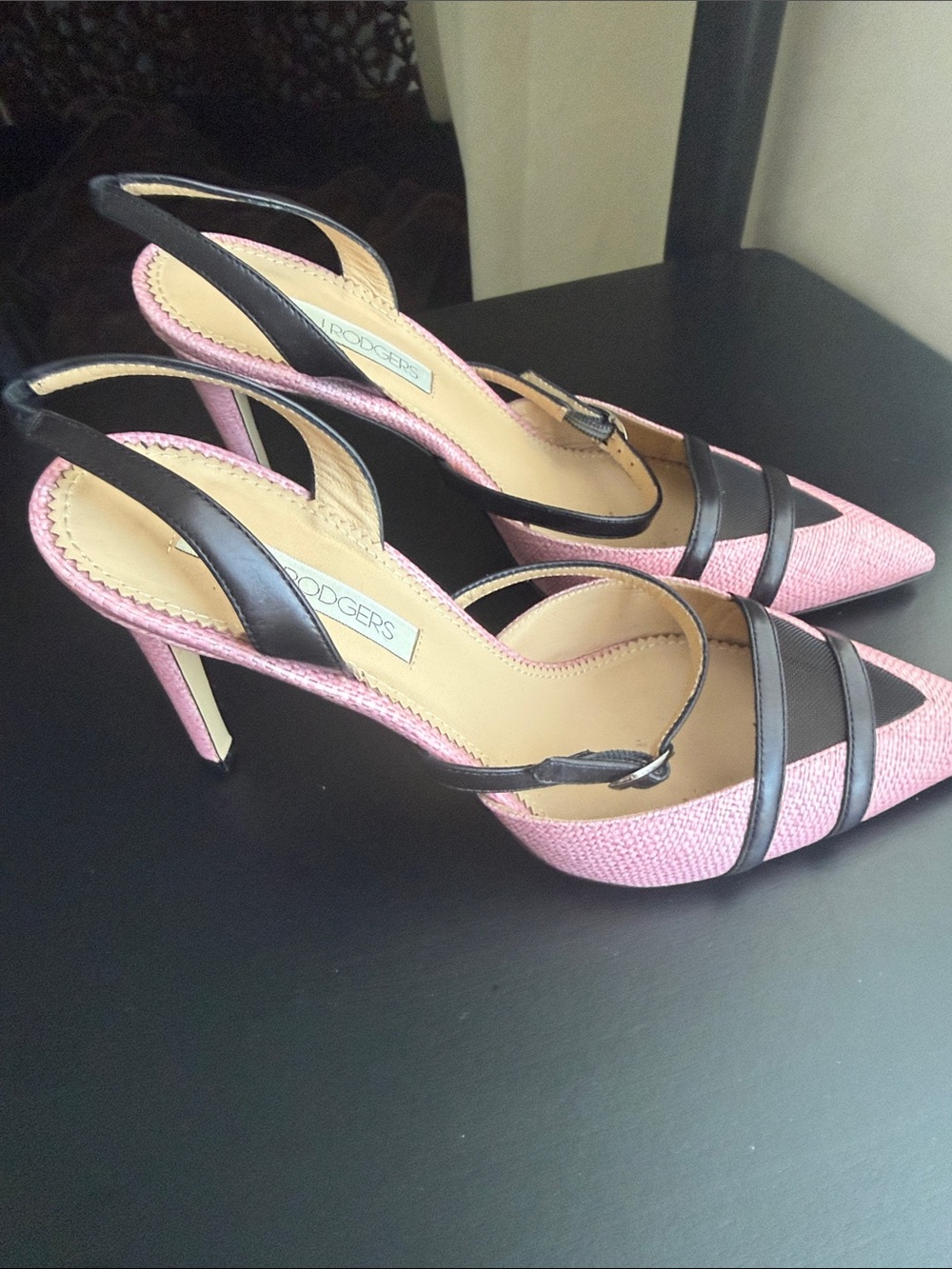 Pink Pointed Slingback Heels with Black Trim - Picture 2 of 6